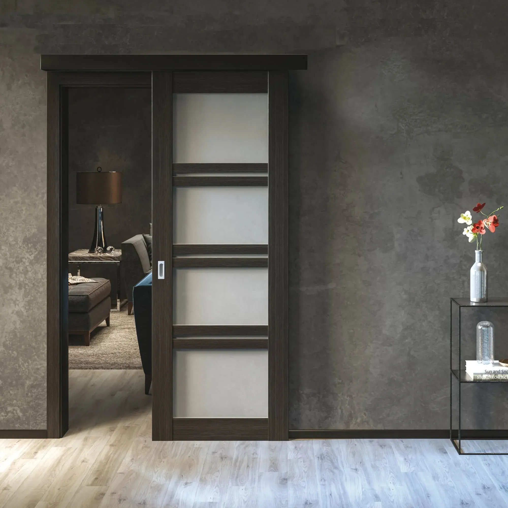 Комплект для одностворчатой двери от 500 до 1100мм, стопор-довод, с креплением на уголки и декоративным профилем SLIDING